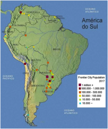 Áreas de conurbação,  nas quais cidades de dois países crescem ao ponto de se encontrarem, nas fronteiras nacionais da América do Sul contendo a informação do número de habitantes nas cidades fronteiriças, em 2018. Imagem: Autores do artigo